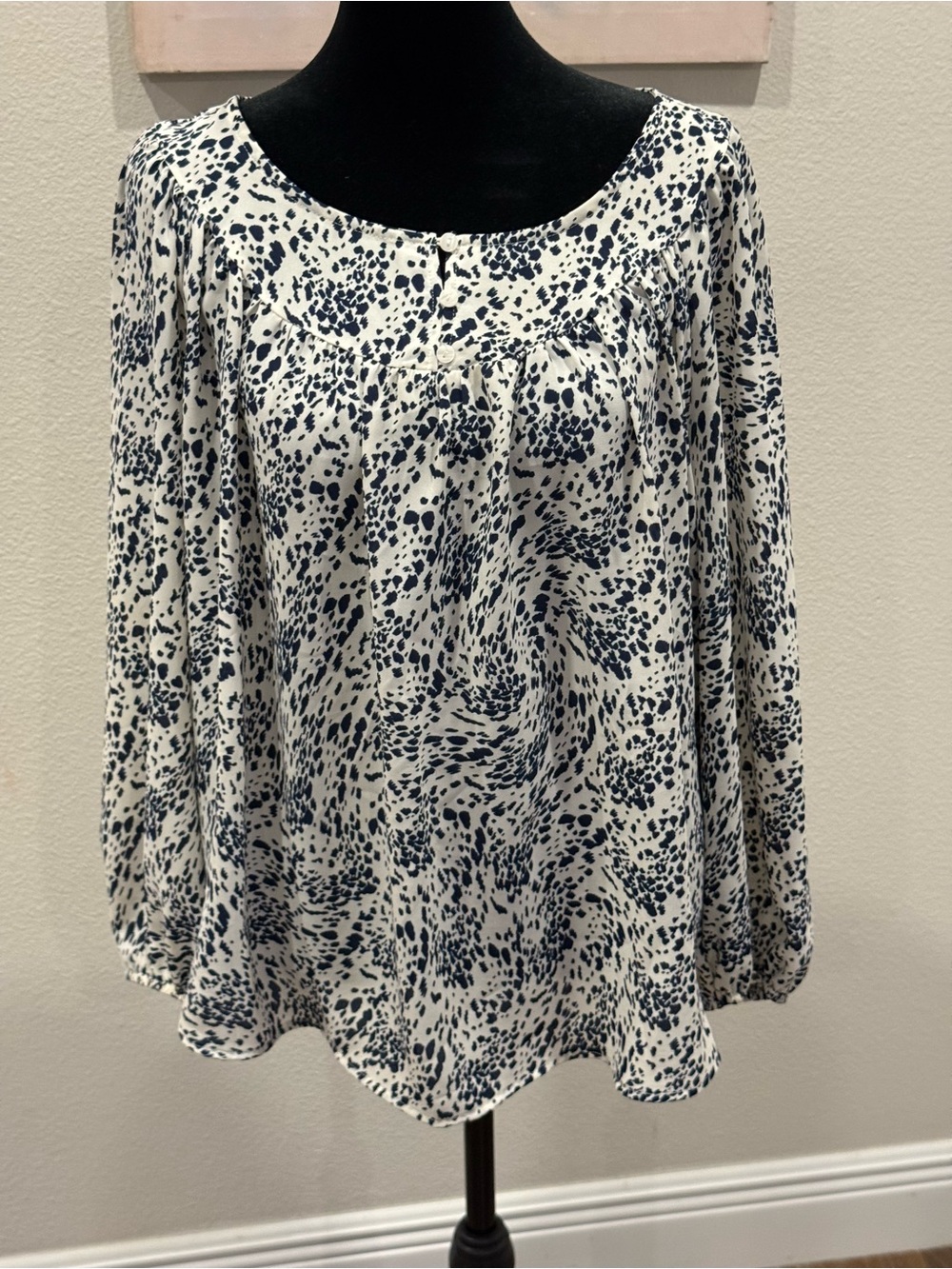 Women's Navy Spot Print Long-Sleeve Blouse